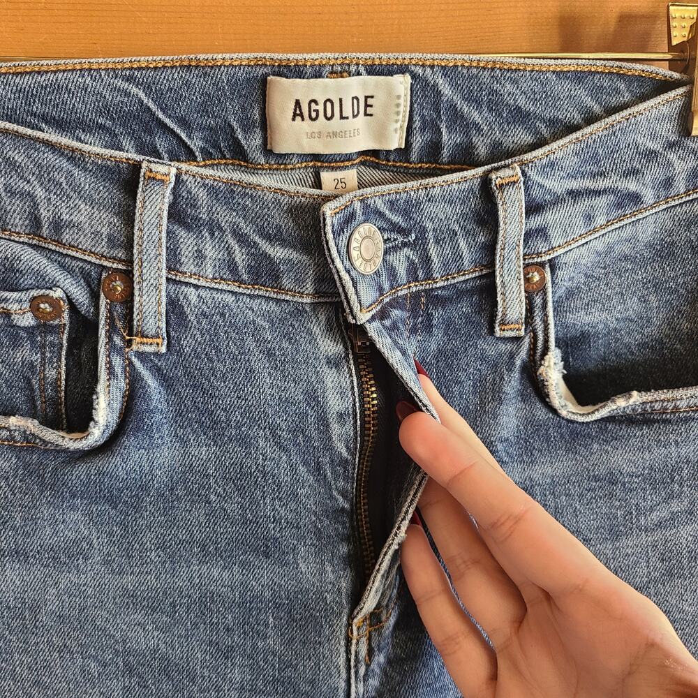 Agolde x Anthropologie Toni Jean Mid Straight 25 Obscure Blue Crop Denim Boho - Picture 3 of 5